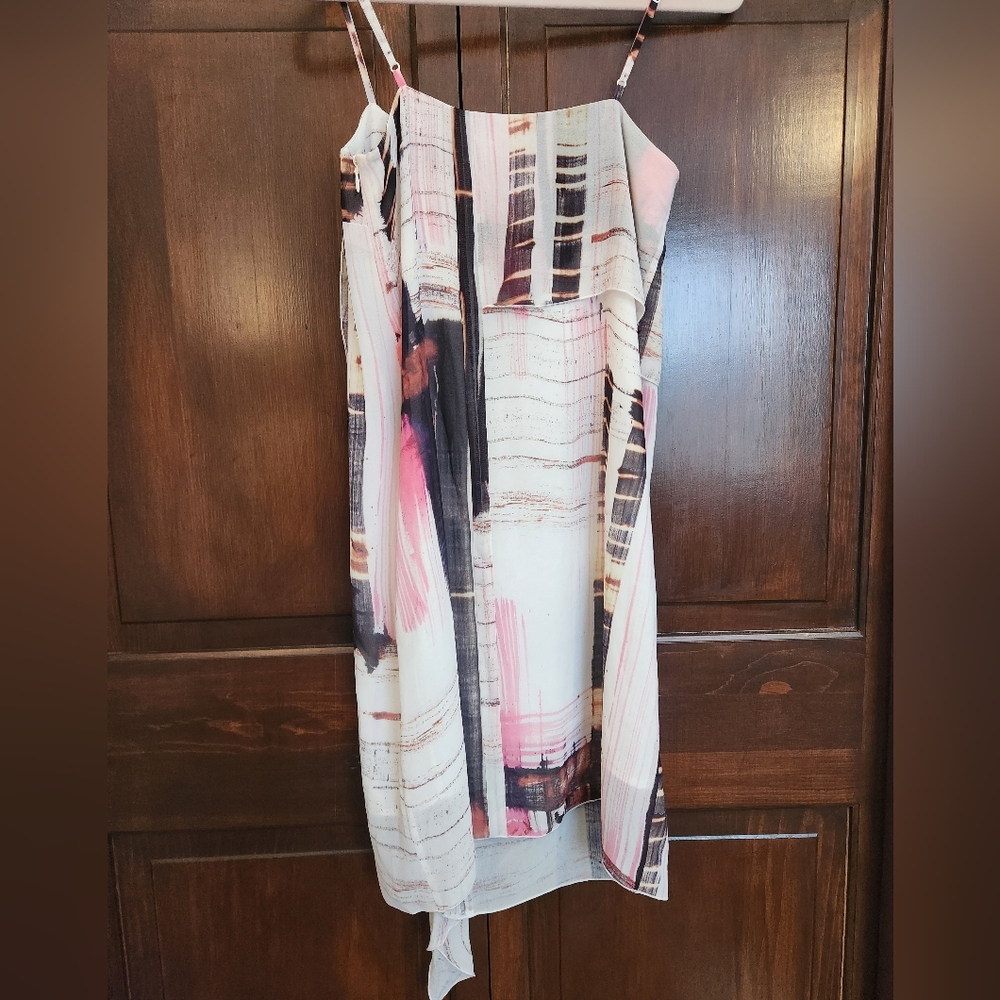 French Connection Printed Asymmetrical Slip Dress in White, Pink & Black